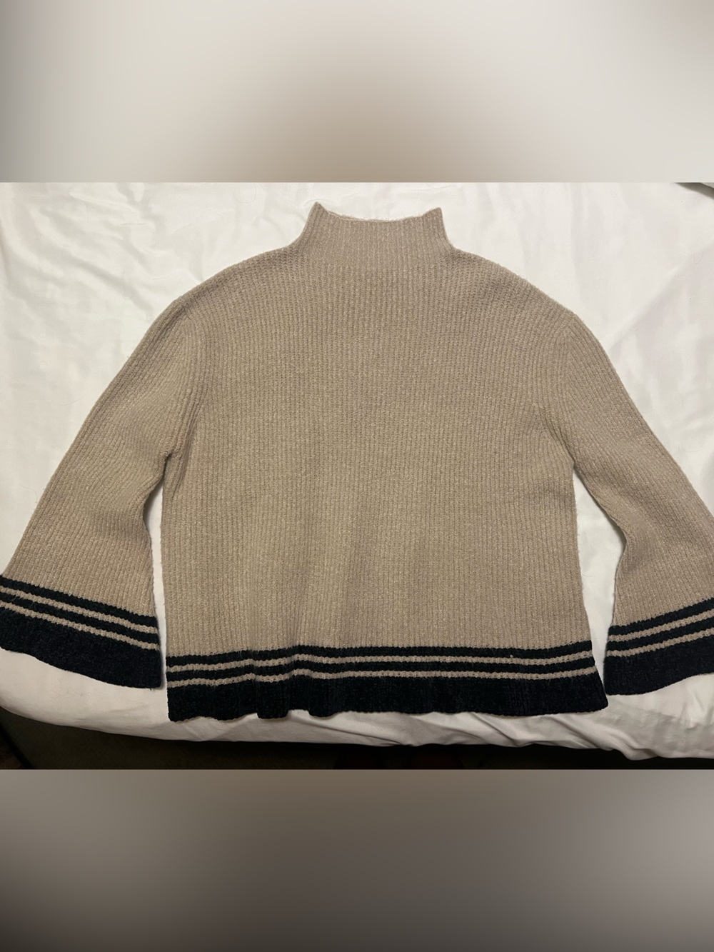 THML Taupe Turtleneck Sweater with Navy Trim - Small